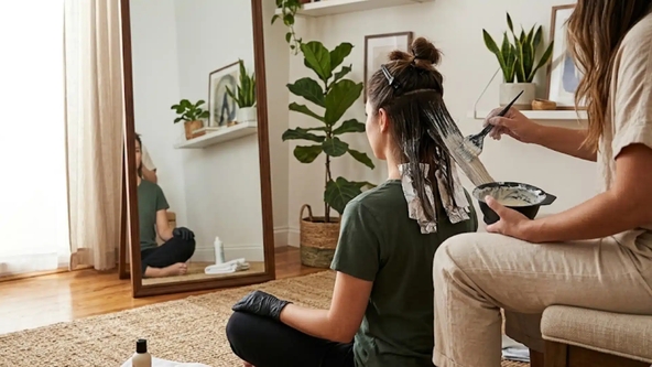 Person receiving peekaboo hair dye application with foil and brush in a bright room with mirror