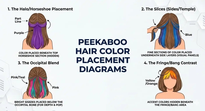 Peekaboo hair color placement diagrams showing halo, slices, occipital blend and fringe contrast techniques