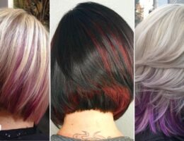 Blonde, black, and silver bob haircuts with peekaboo highlights in pink, red, and purple beneath dark bases, showcasing layered texture and vibrant hidden colors