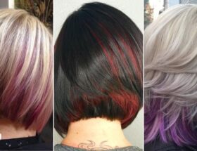 Blonde, black, and silver bob haircuts with peekaboo highlights in pink, red, and purple beneath dark bases, showcasing layered texture and vibrant hidden colors
