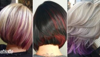 Blonde, black, and silver bob haircuts with peekaboo highlights in pink, red, and purple beneath dark bases, showcasing layered texture and vibrant hidden colors