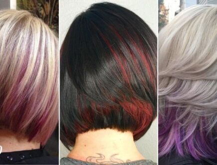 Blonde, black, and silver bob haircuts with peekaboo highlights in pink, red, and purple beneath dark bases, showcasing layered texture and vibrant hidden colors
