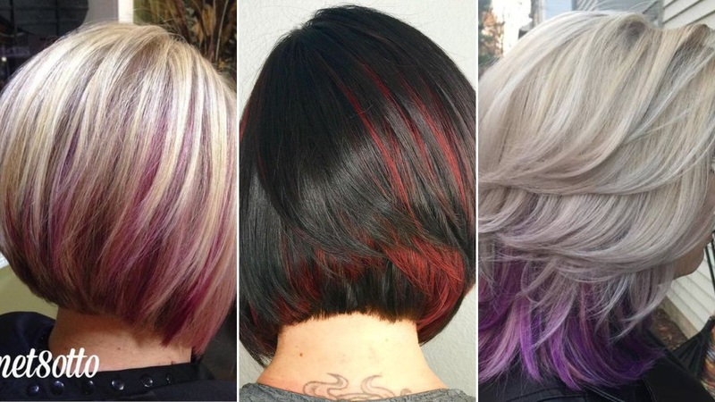 Blonde, black, and silver bob haircuts with peekaboo highlights in pink, red, and purple beneath dark bases, showcasing layered texture and vibrant hidden colors