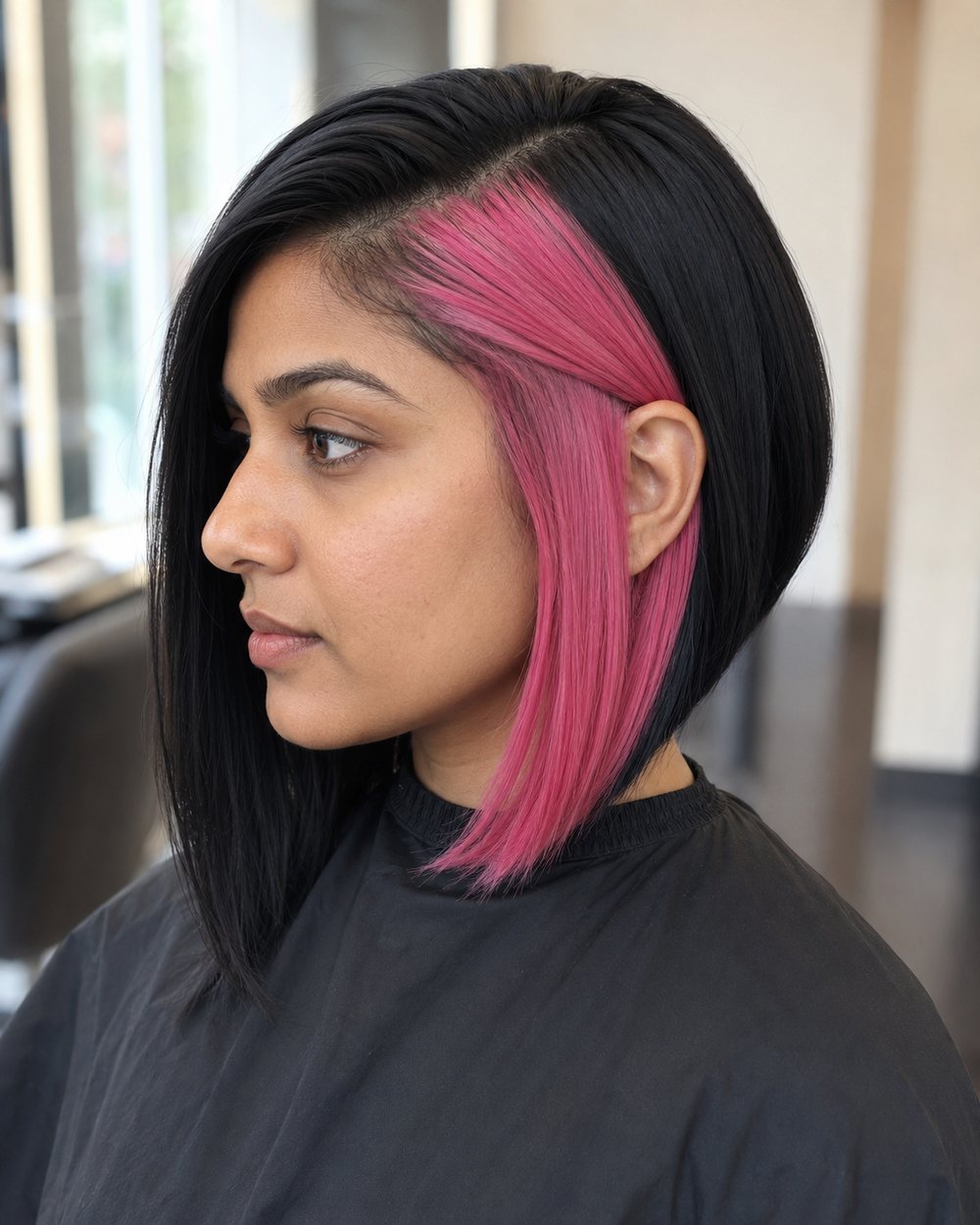 Asymmetrical black bob with one defined pink side panel above the ear