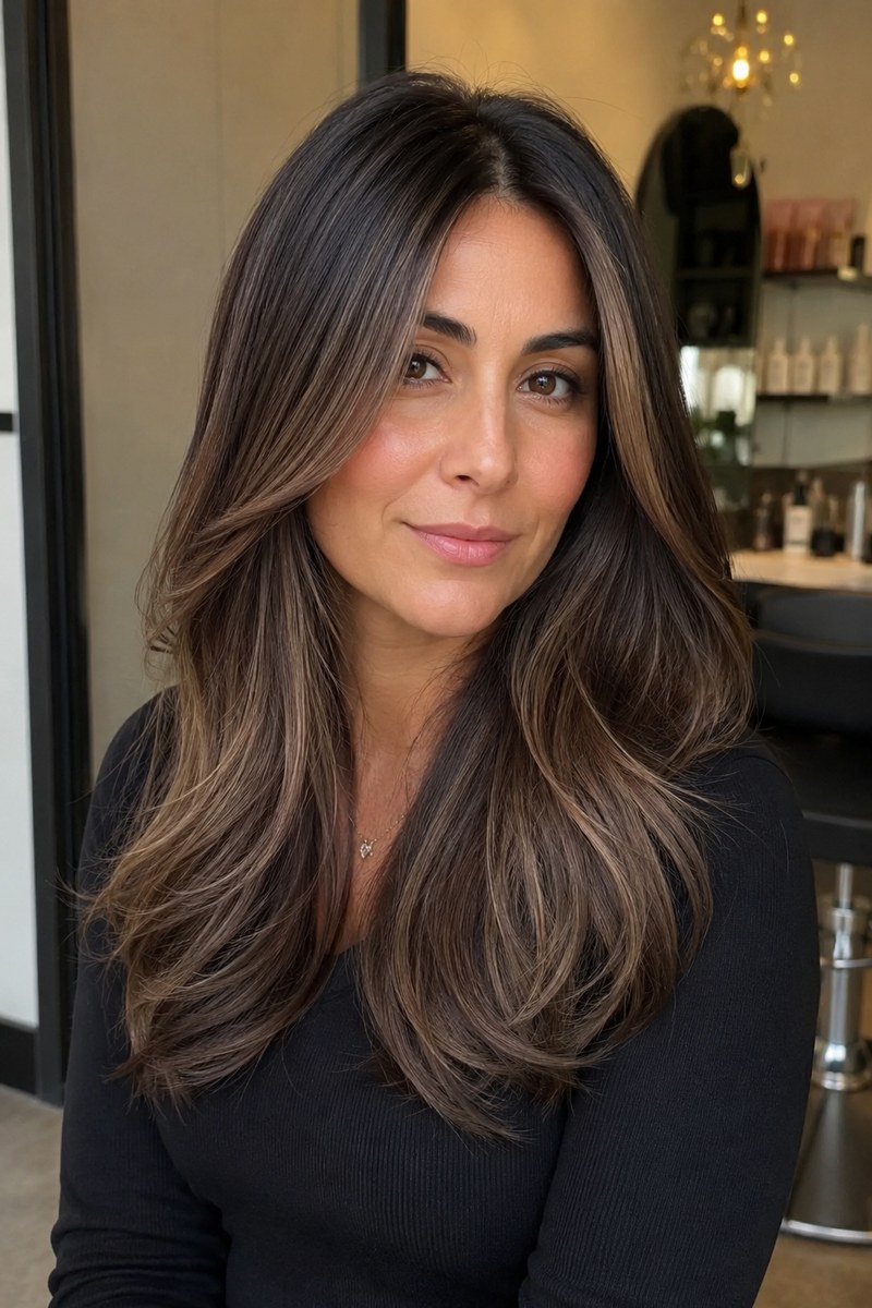 Beige-blonde face-framing highlights on cool brunette hair