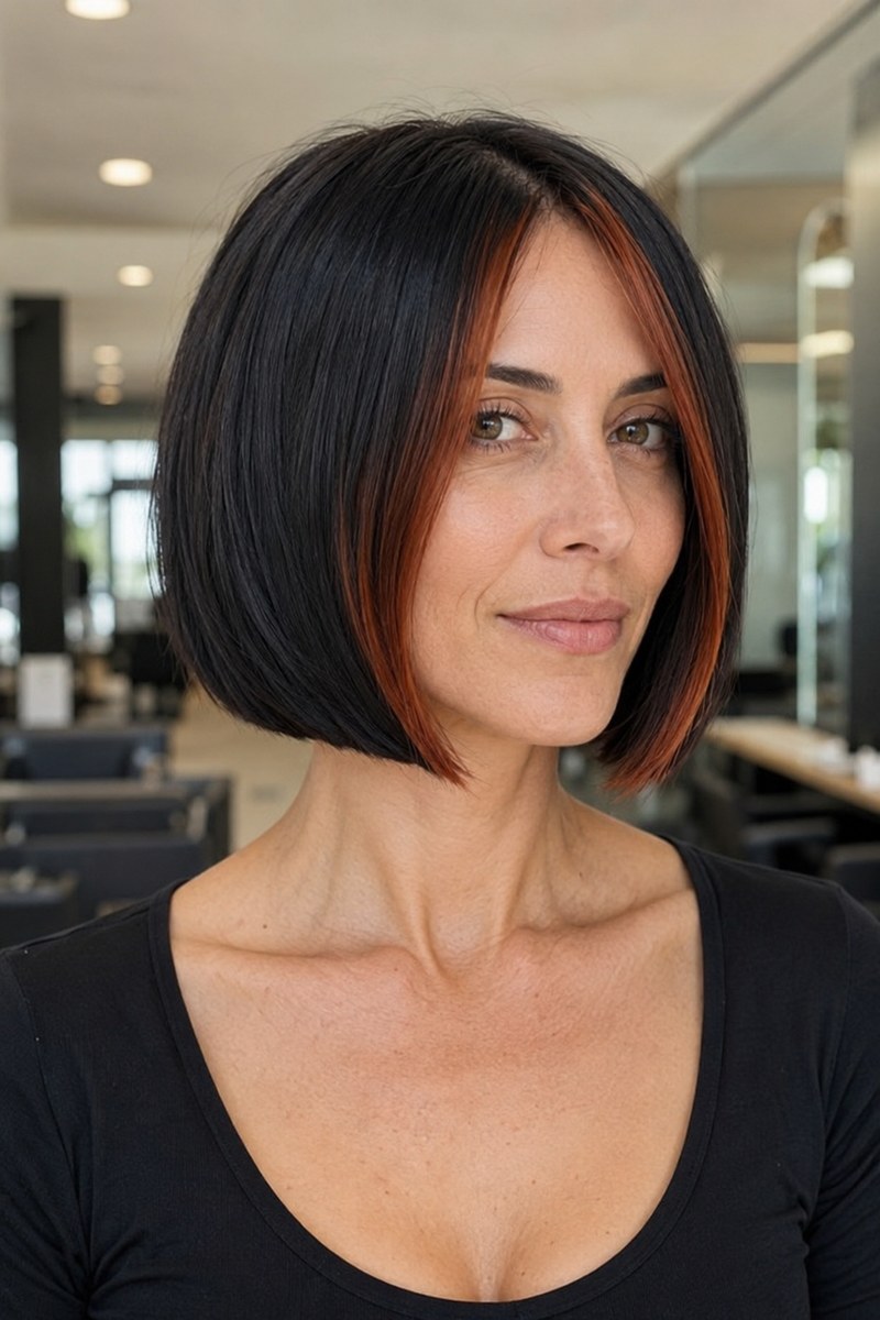 Black bob with slim copper face-framing highlights