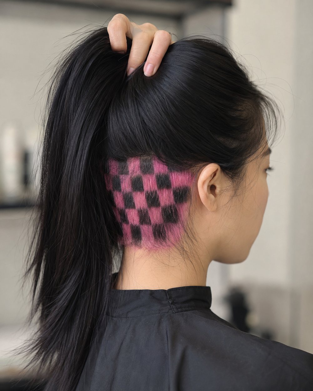 Black hair lifted to show a pink-and-black checkerboard pattern at the nape