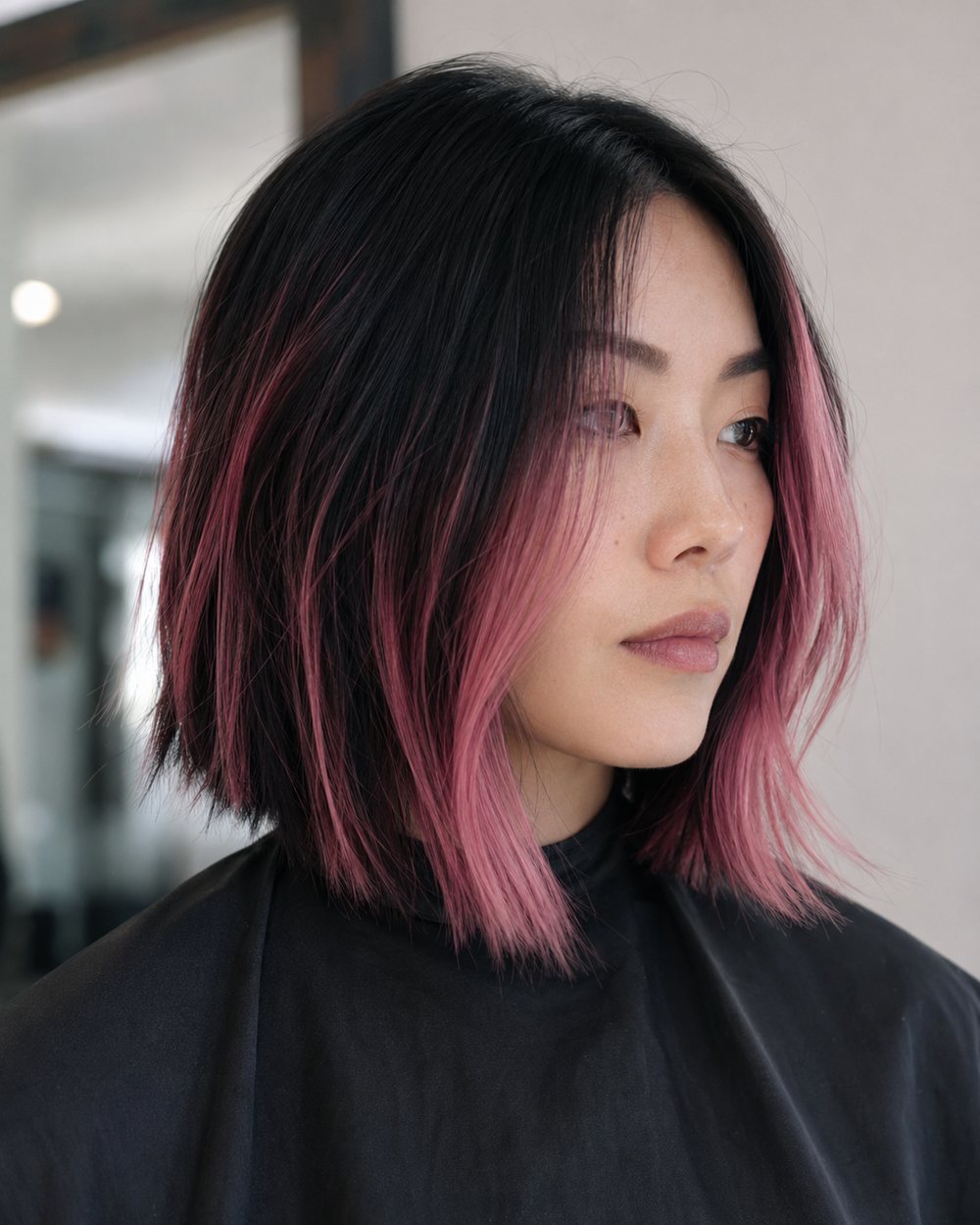 Black long bob with pink face-framing balayage and painted ends