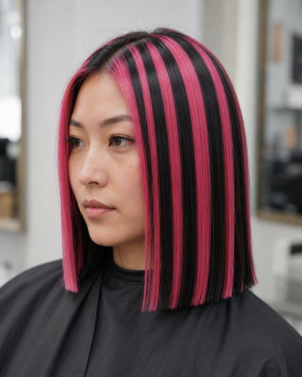 Blunt straight hair with alternating black and bright-pink streaks