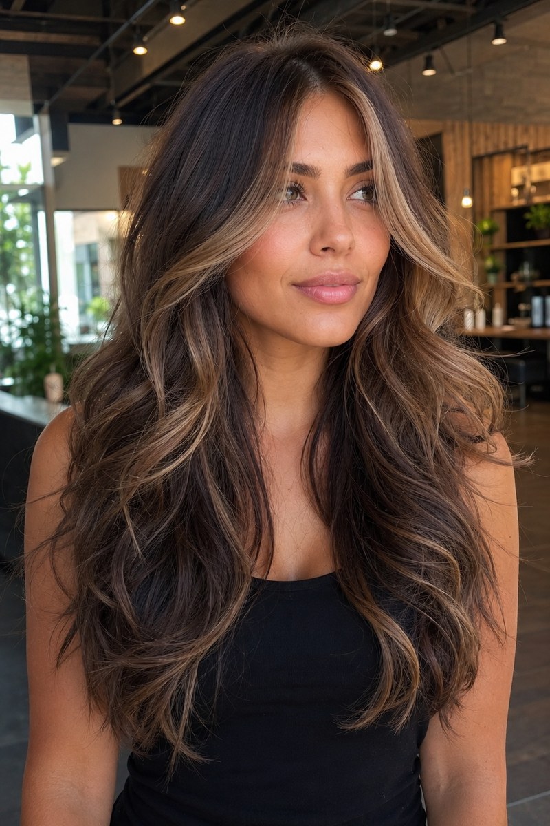 Bright face-framing highlights on long layered brunette hair
