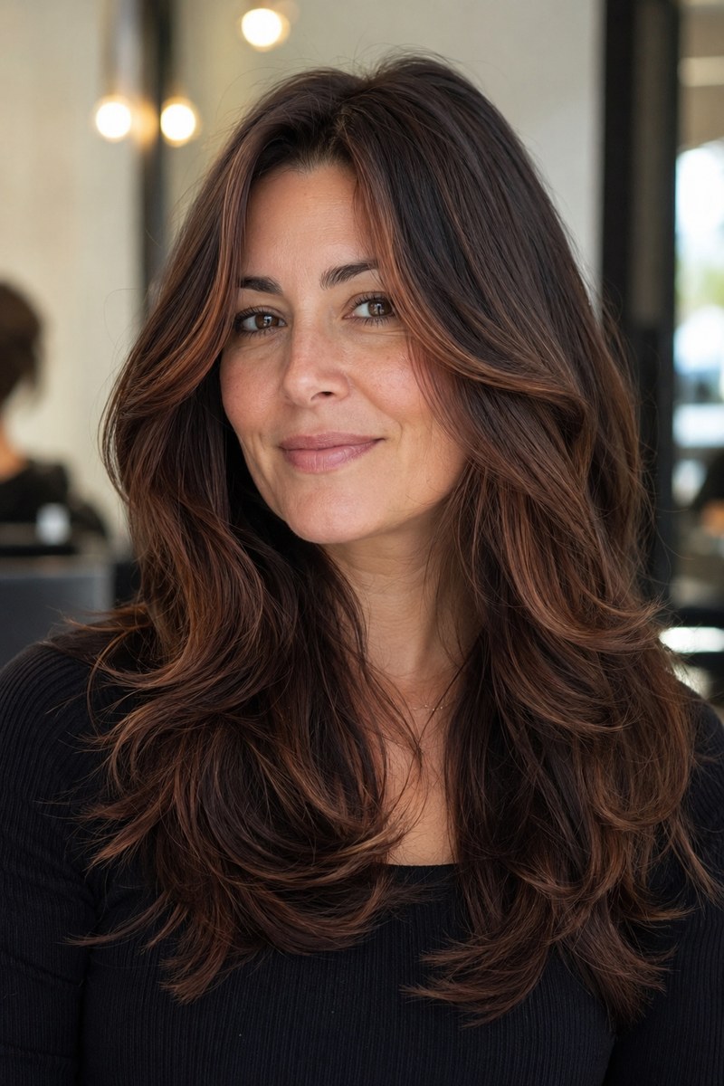 Chestnut face-framing highlights on chocolate-brown hair
