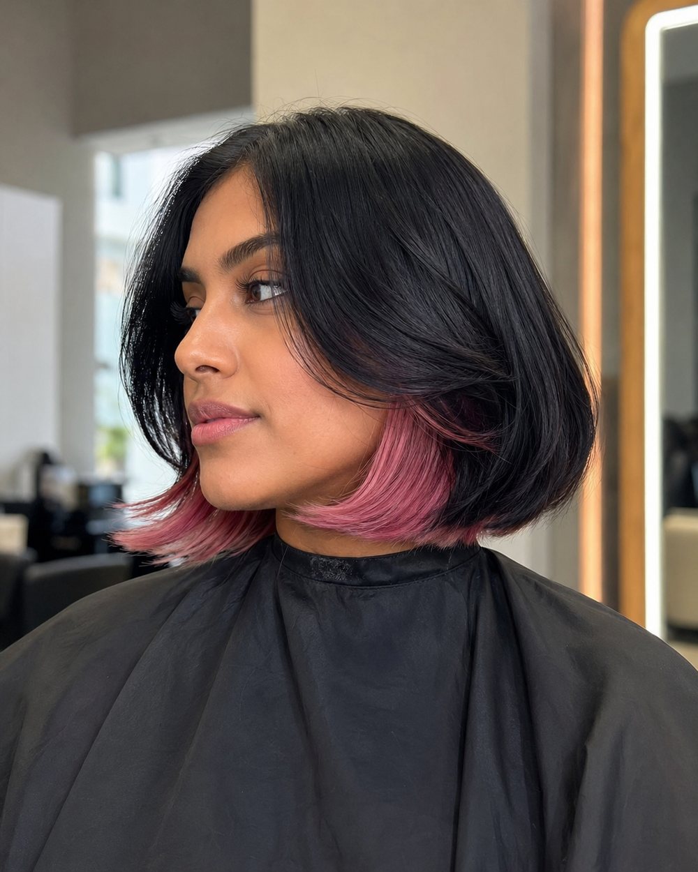 Chin-length black bob with a rose-pink interior layer visible at the ends