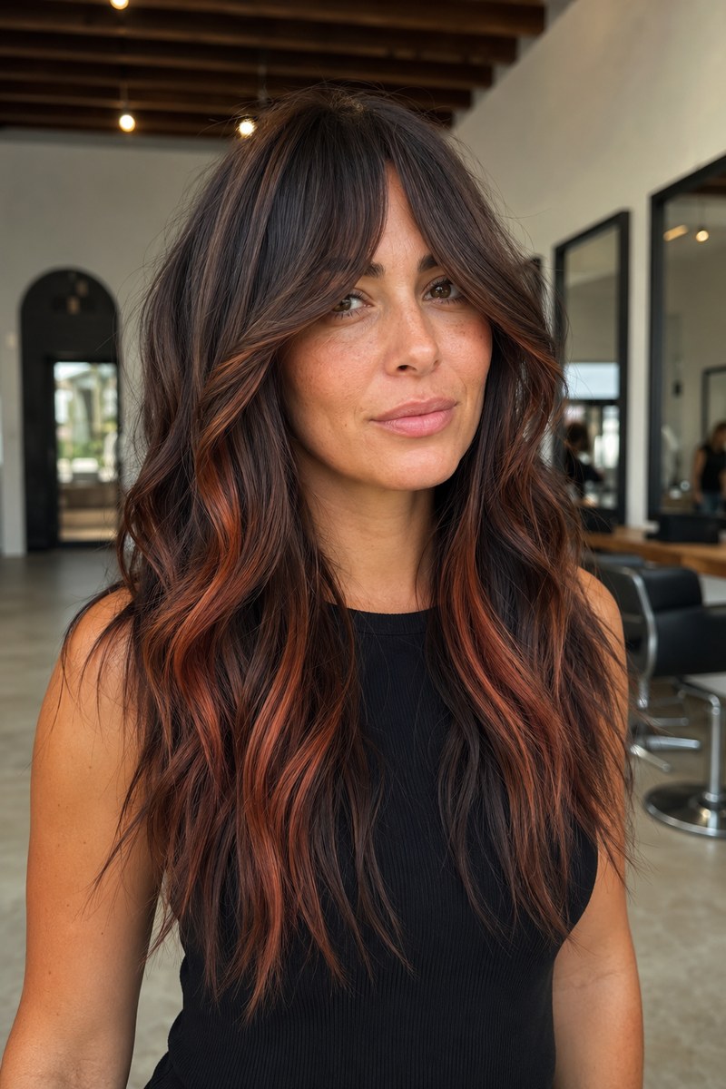 Cinnamon face-framing highlights on long wavy brunette hair
