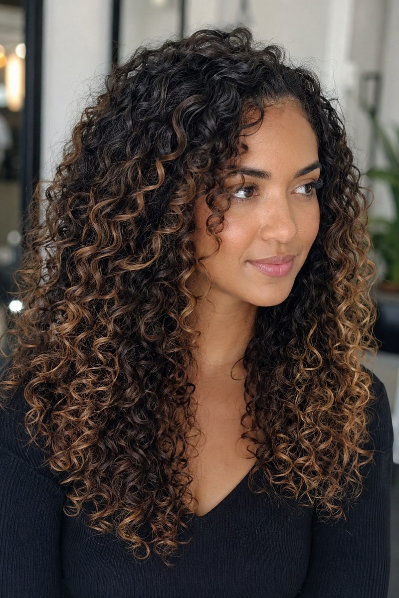 Dark curls with caramel-tipped face-framing pieces