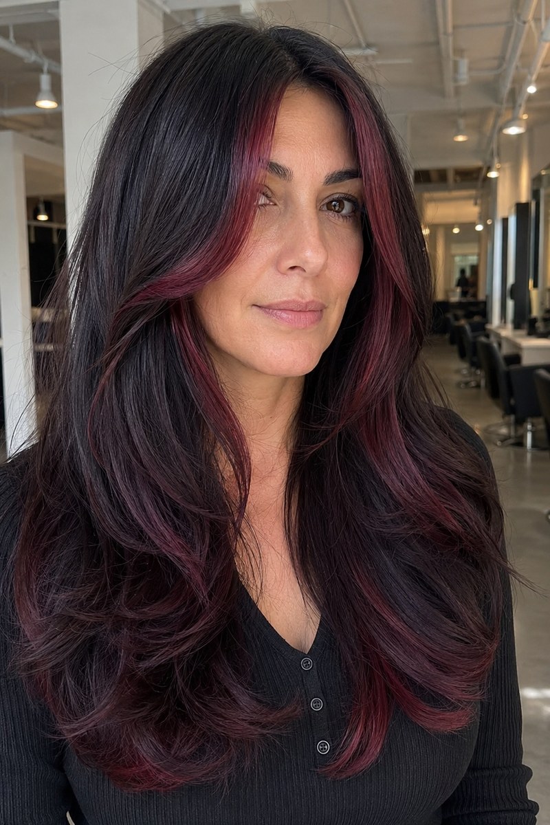 Dark hair with rich burgundy face-framing highlights