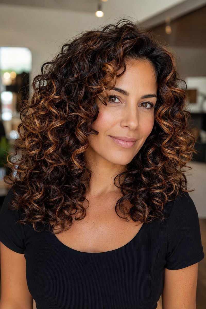 Espresso curls with hand-painted bronze face-framing highlights