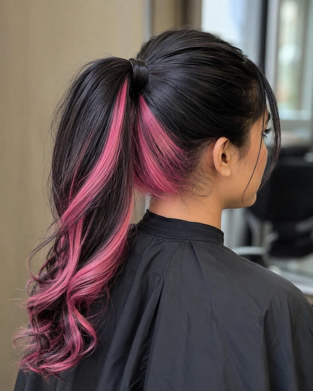 High black ponytail exposing a pink underlayer and pink lengths