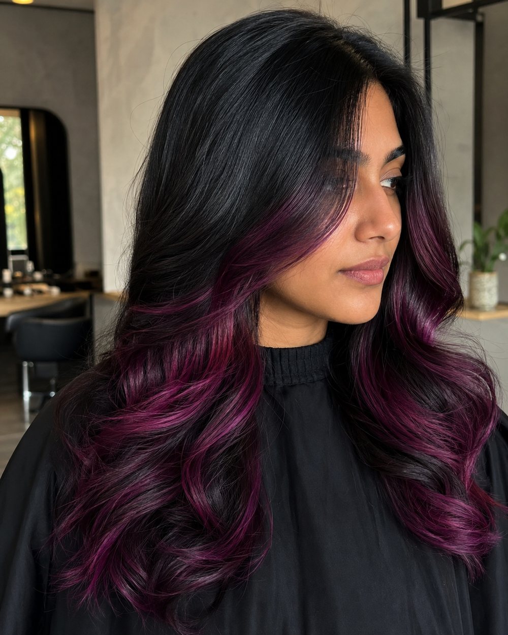 Jet-black wavy hair with rich magenta highlights through the lower lengths