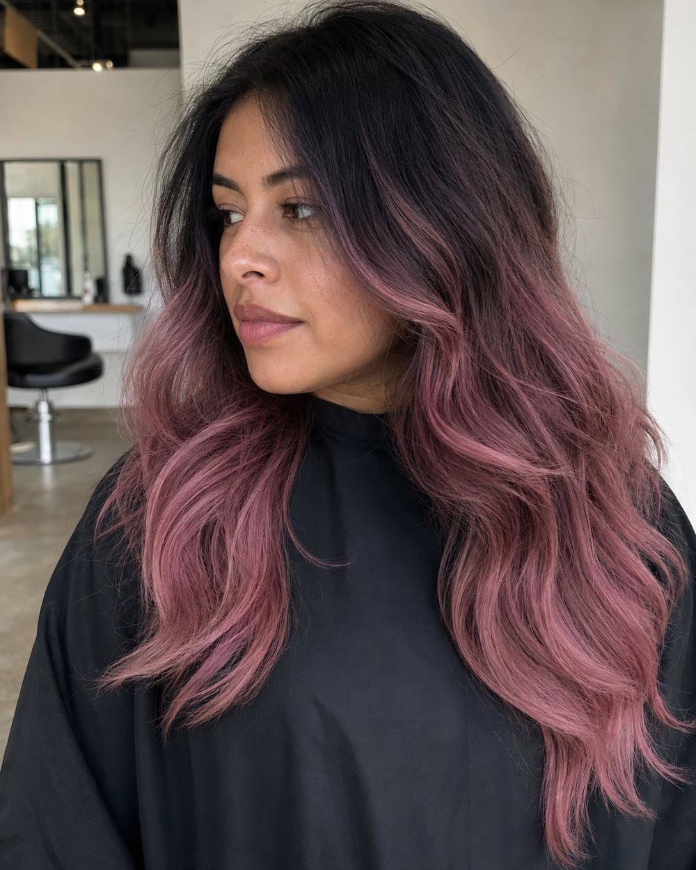 Layered black hair fading through dusty mauve into muted rose-pink ends