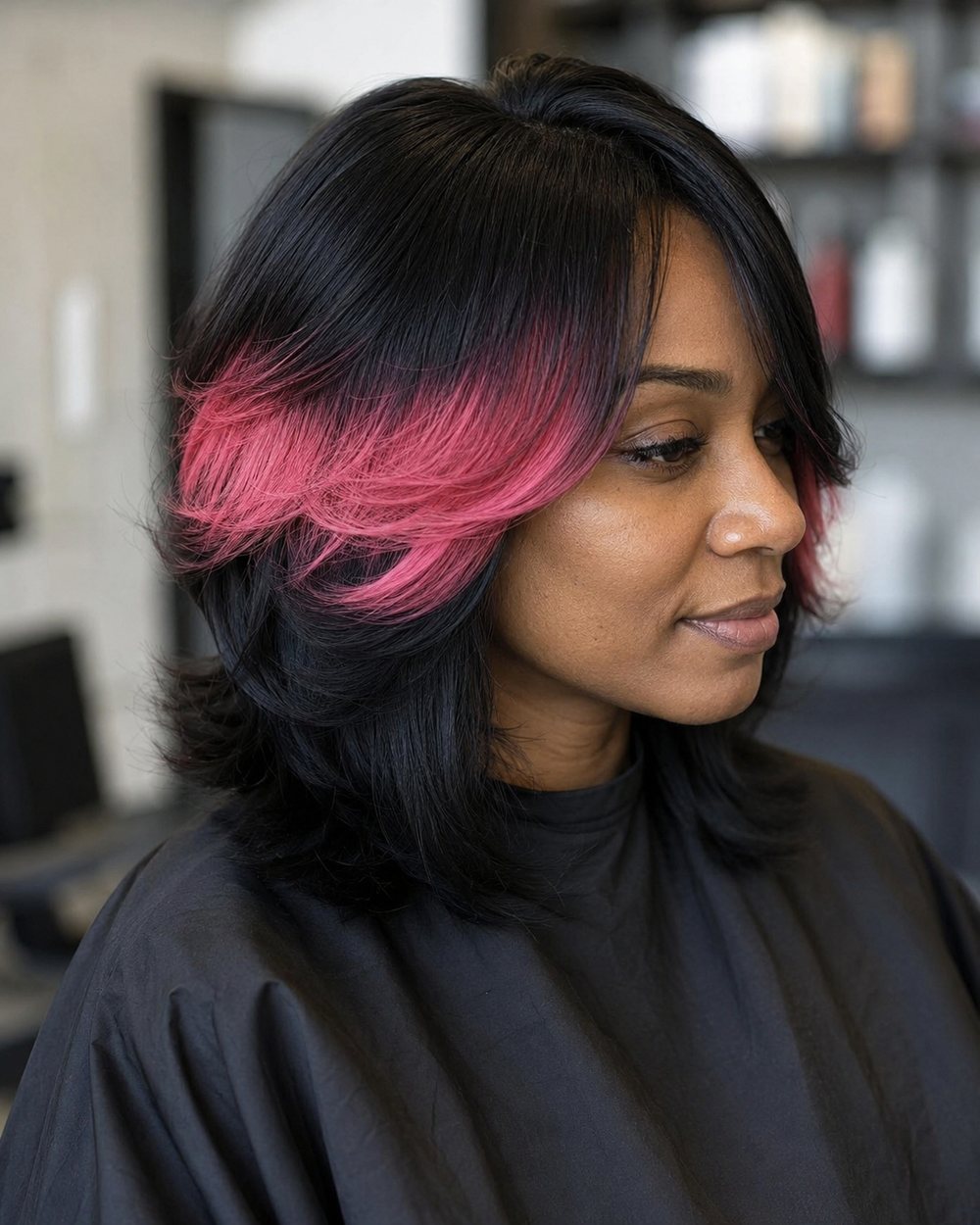 Layered black hair with a continuous bright-pink halo band