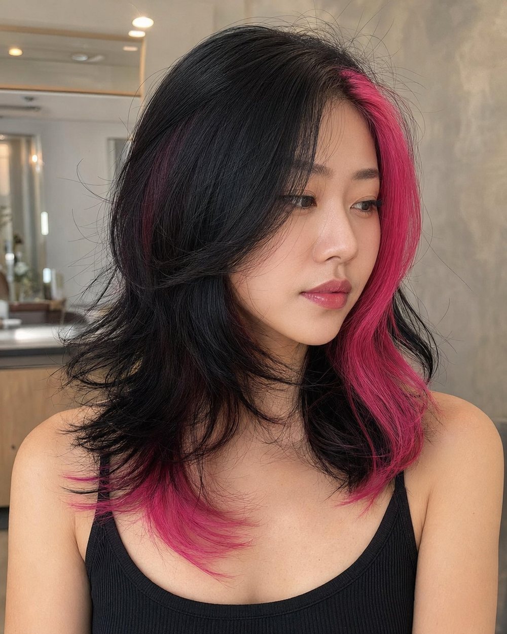 Layered black hair with one asymmetrical fuchsia money piece