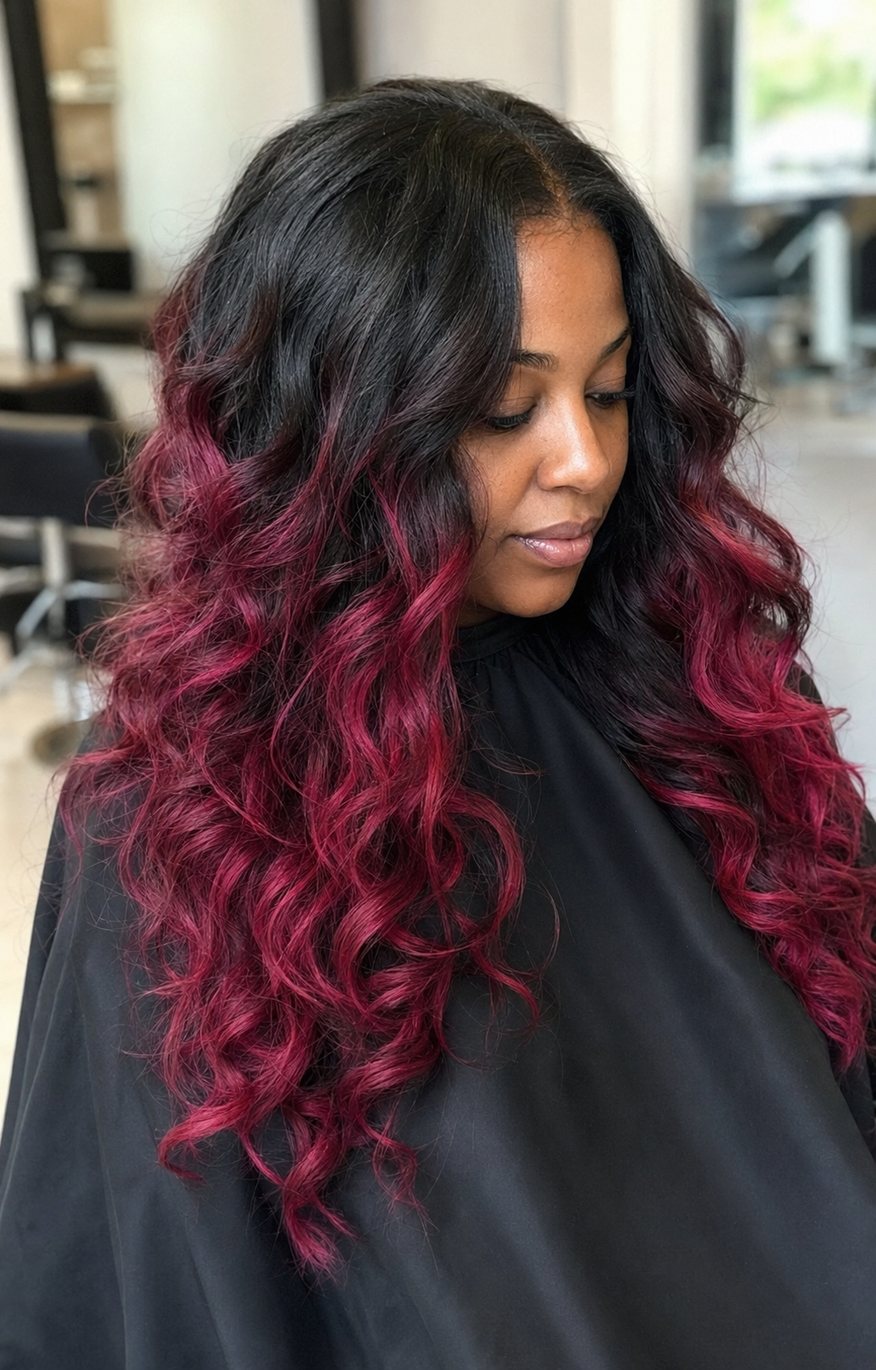 Long black curls blended into rich raspberry-pink ombré ends