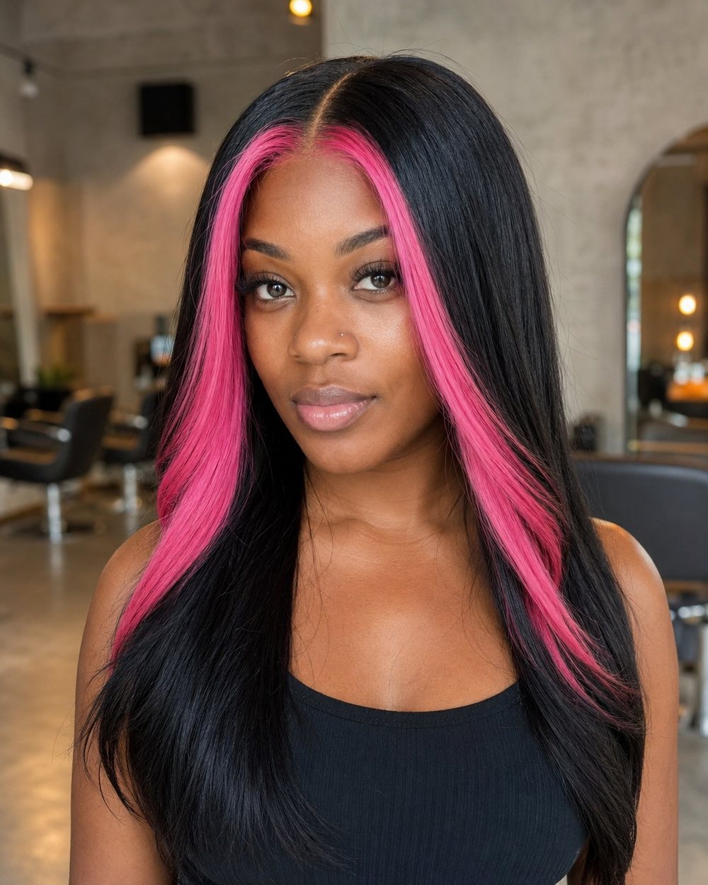 Long black hair with two vivid hot-pink face-framing money pieces