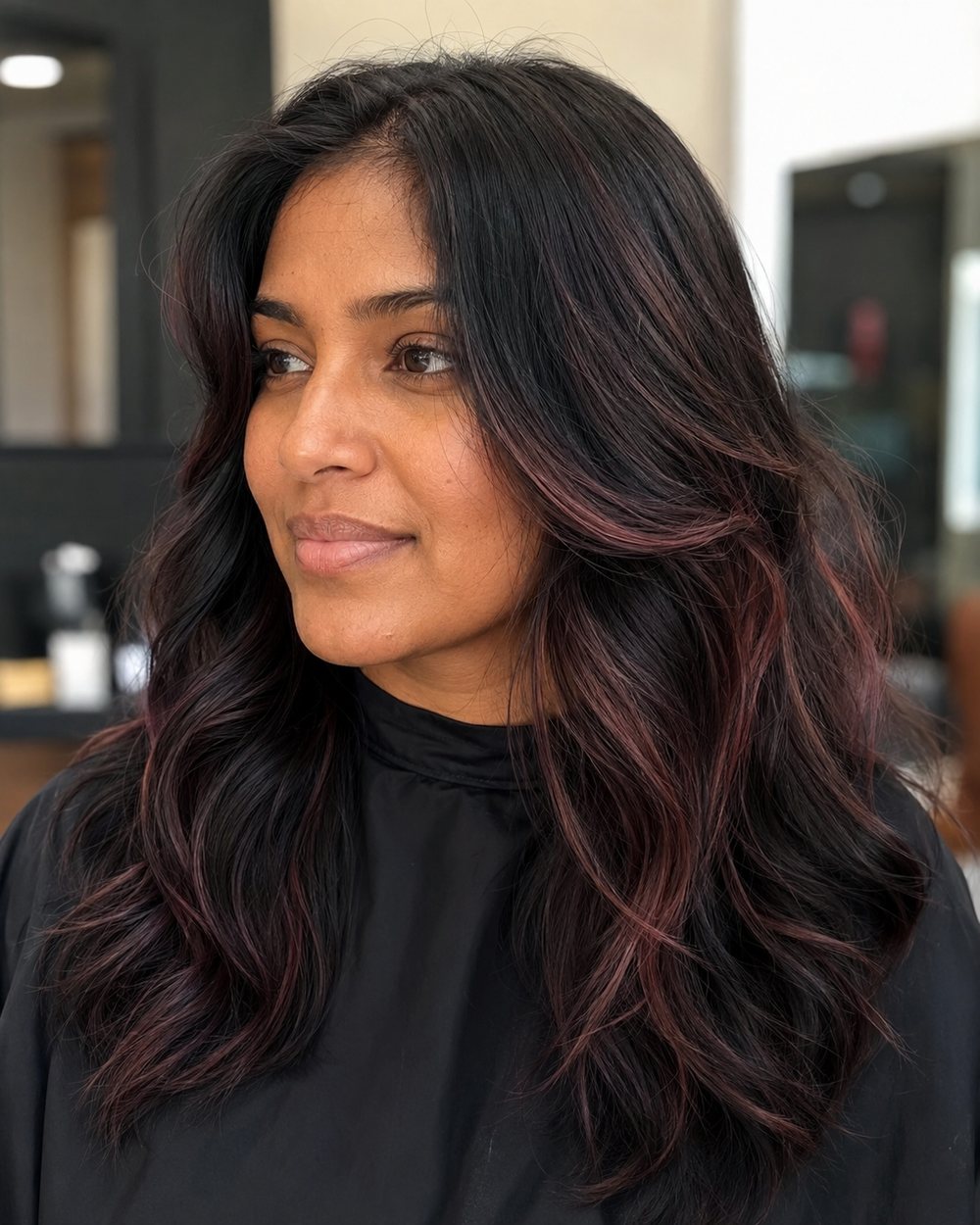 Long black hair with very fine muted dusty-pink babylights