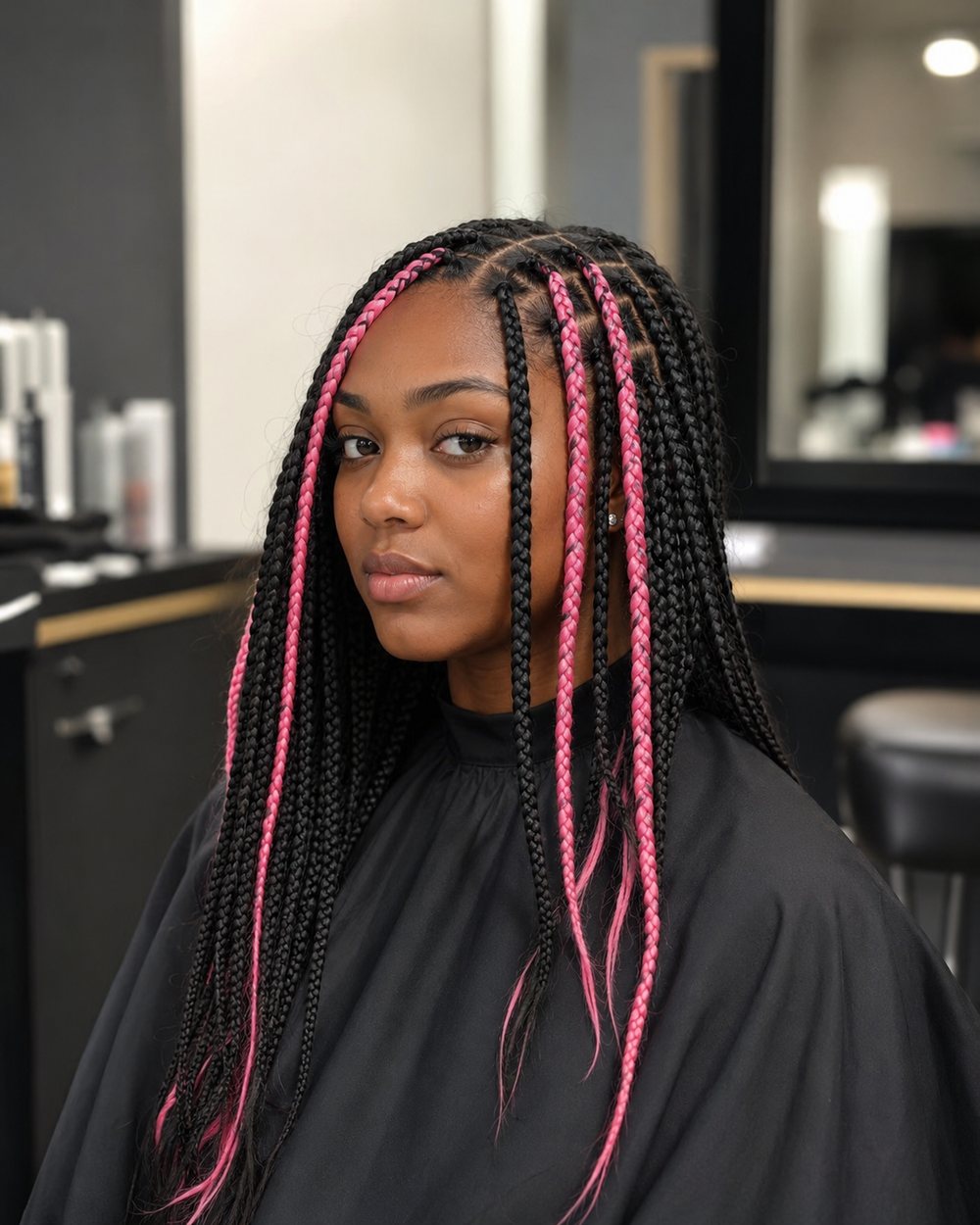 Long black knotless box braids with vivid pink accent braids