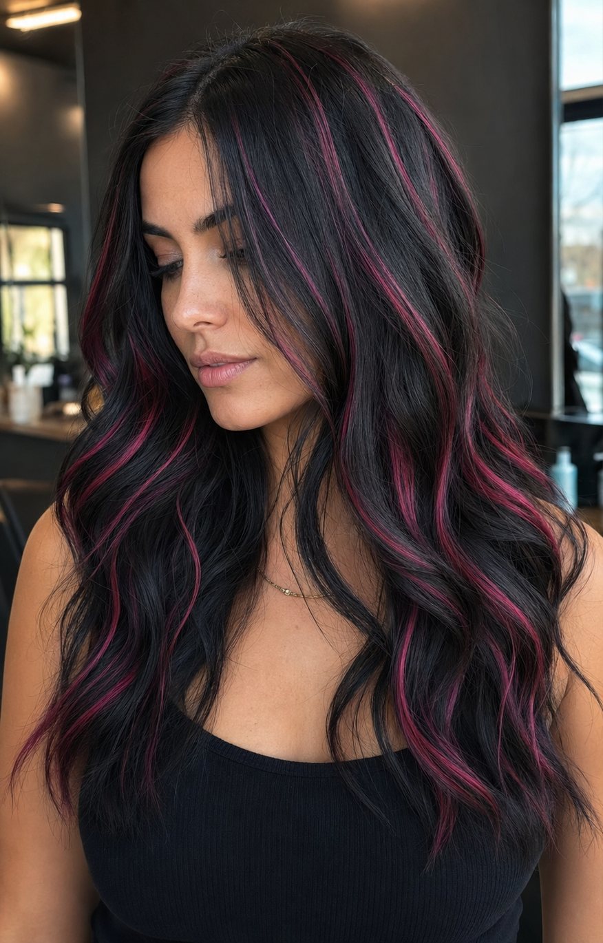 Long black wavy hair with fine raspberry-pink highlights from crown to ends