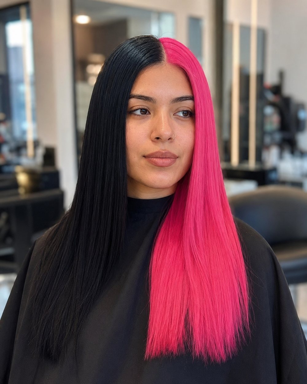 Long straight hair split evenly into one black half and one hot-pink half