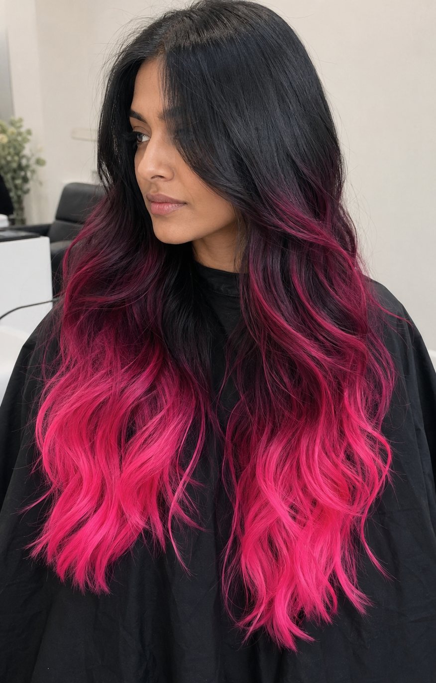 Long wavy hair fading from black roots to vivid hot-pink ends