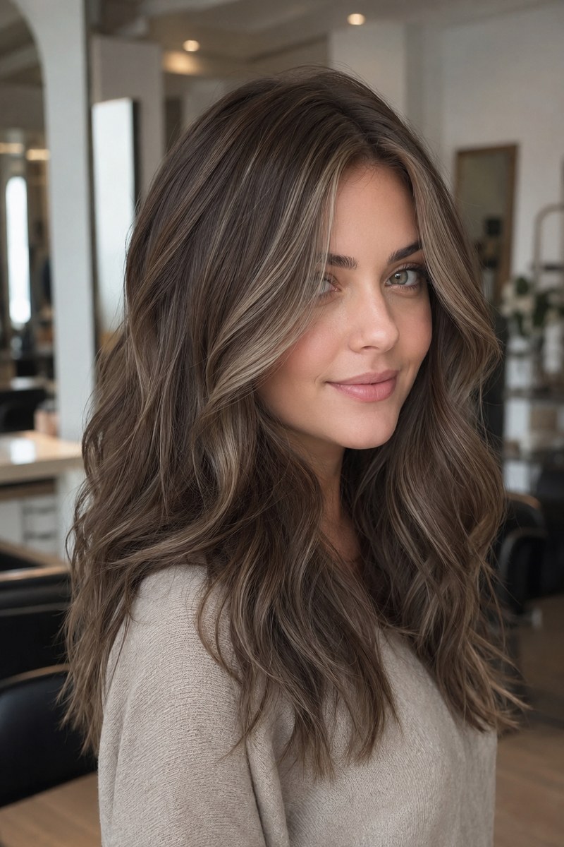 Mushroom-brown hair with smoky beige face-framing highlights