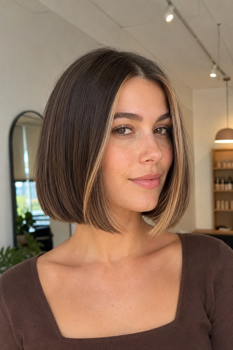 Narrow face-framing highlights on a chin-length brunette bob