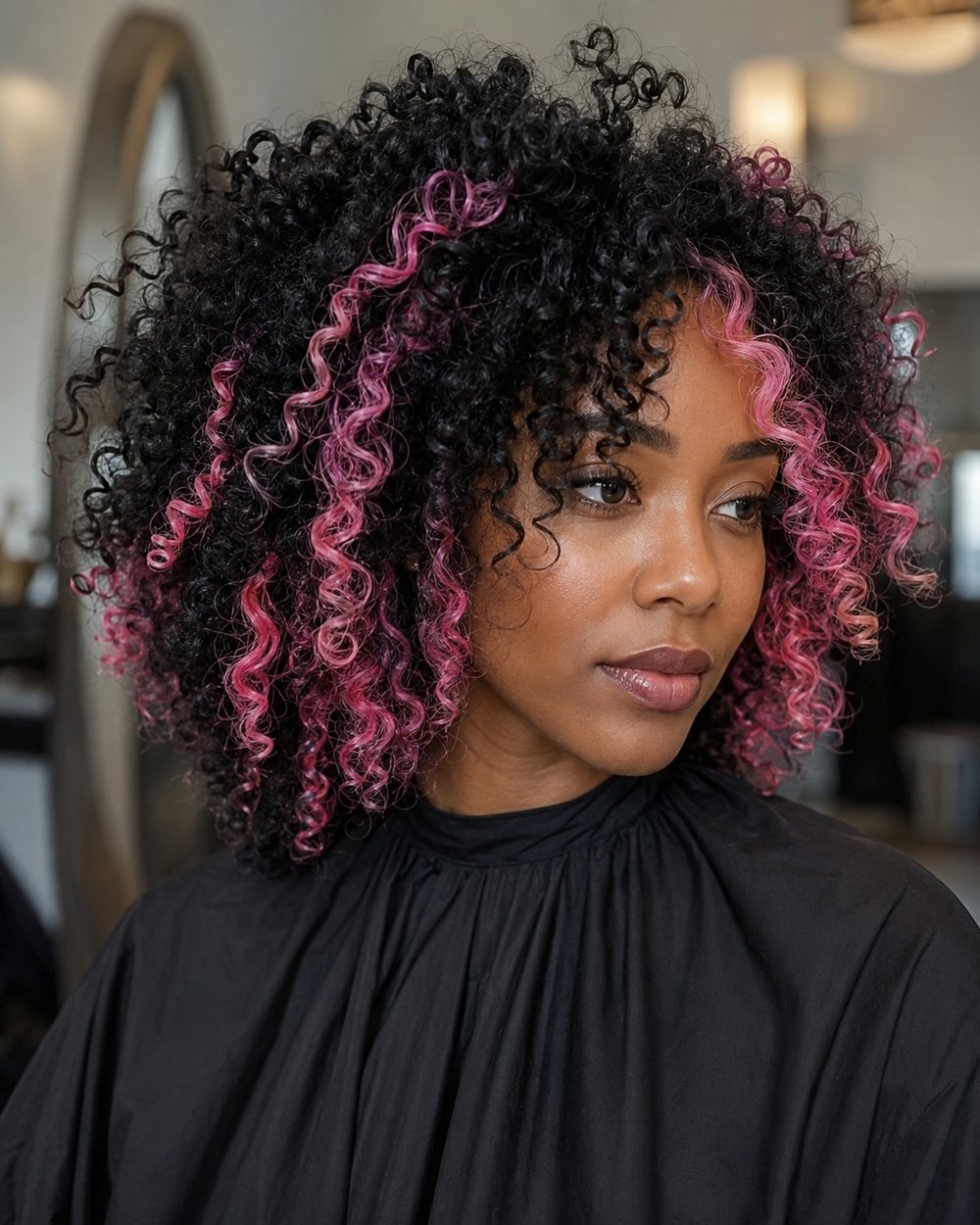 Natural black curls with selected pink face-framing and scattered curls