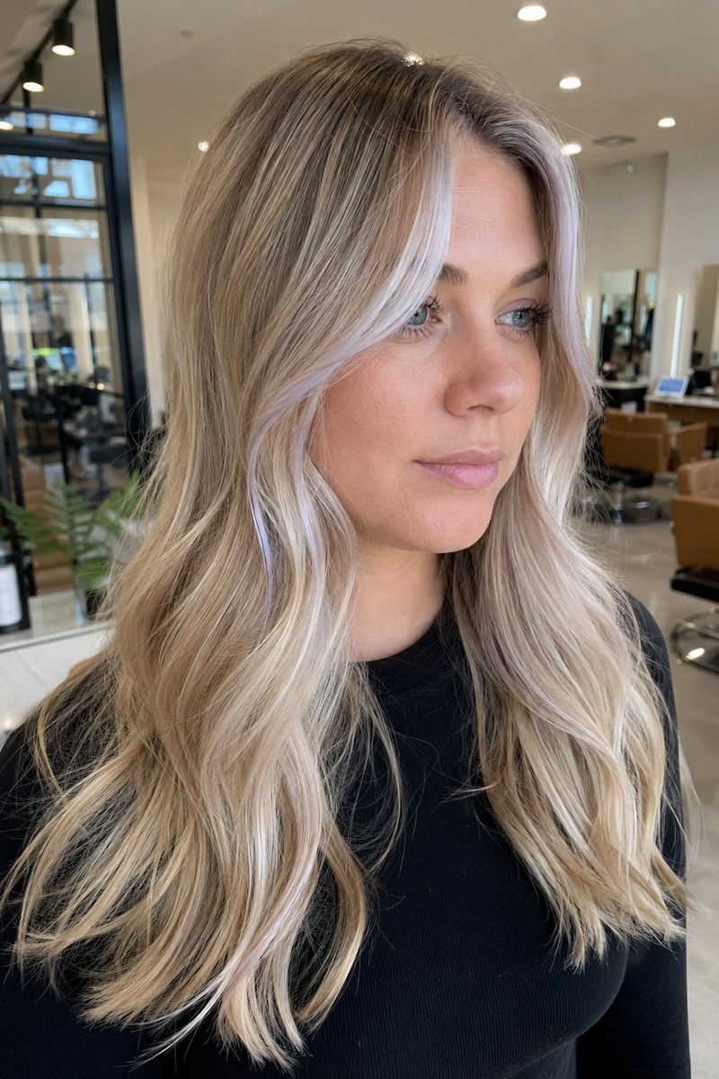 Pearl-blonde face-framing highlights with a soft neutral root