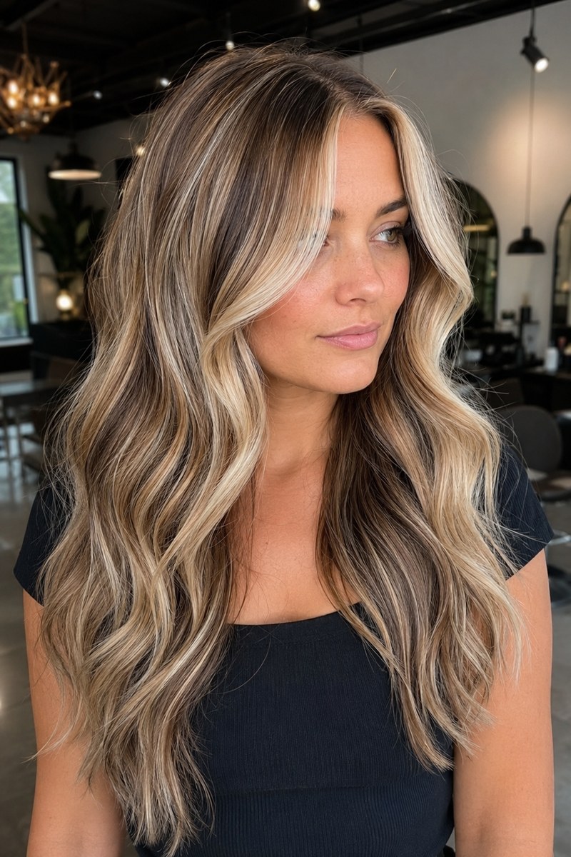 Reverse balayage with brunette lowlights and a bright blonde face frame