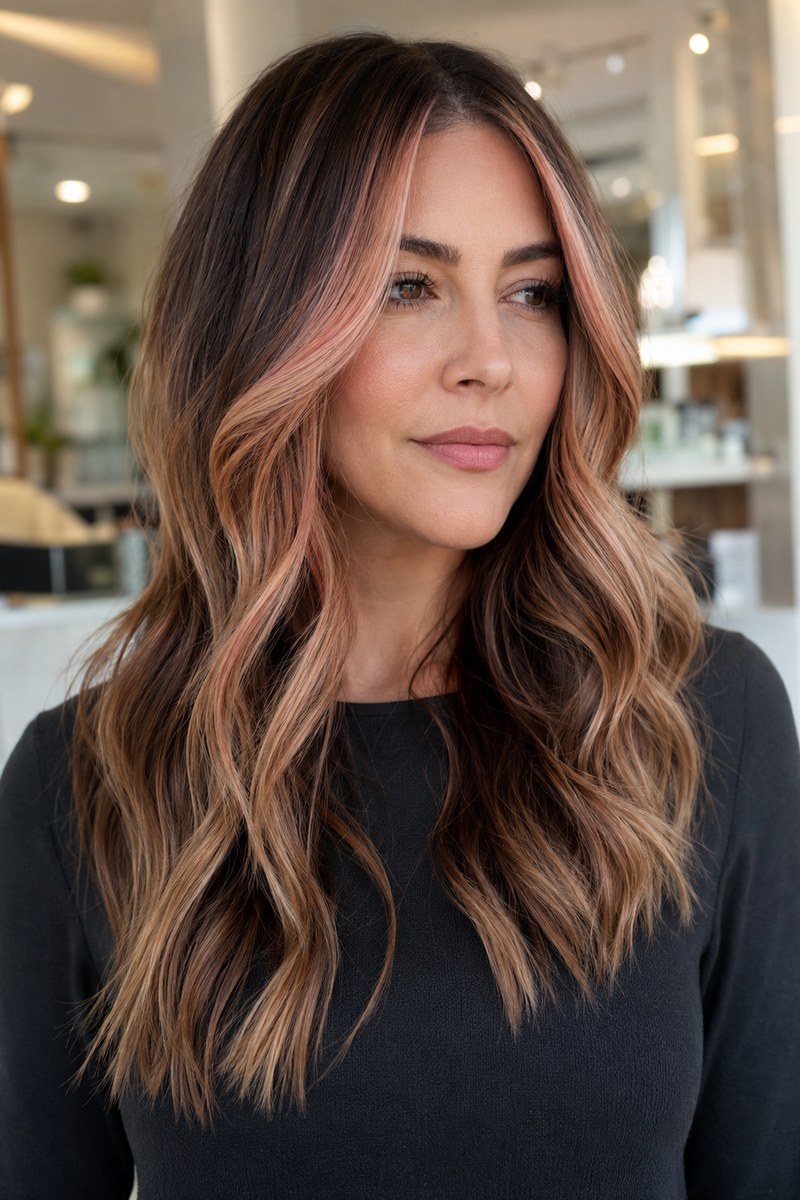 Rose-gold face-framing highlights on dark-brown hair