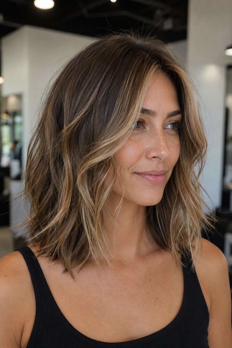 Sandy-blonde face-framing highlights on a tousled lob