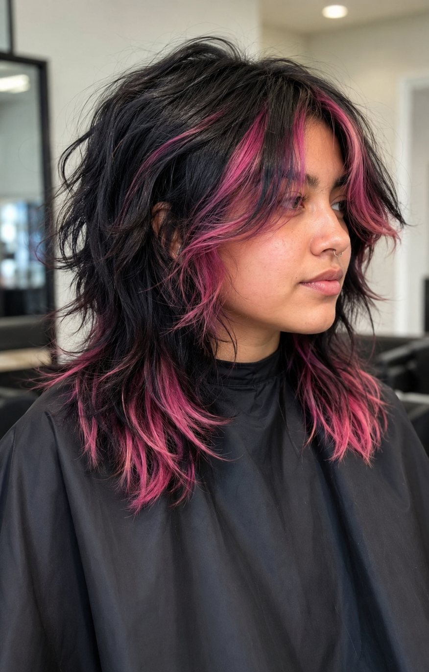 Shaggy black wolf cut with chunky pink streaks through the fringe and ends