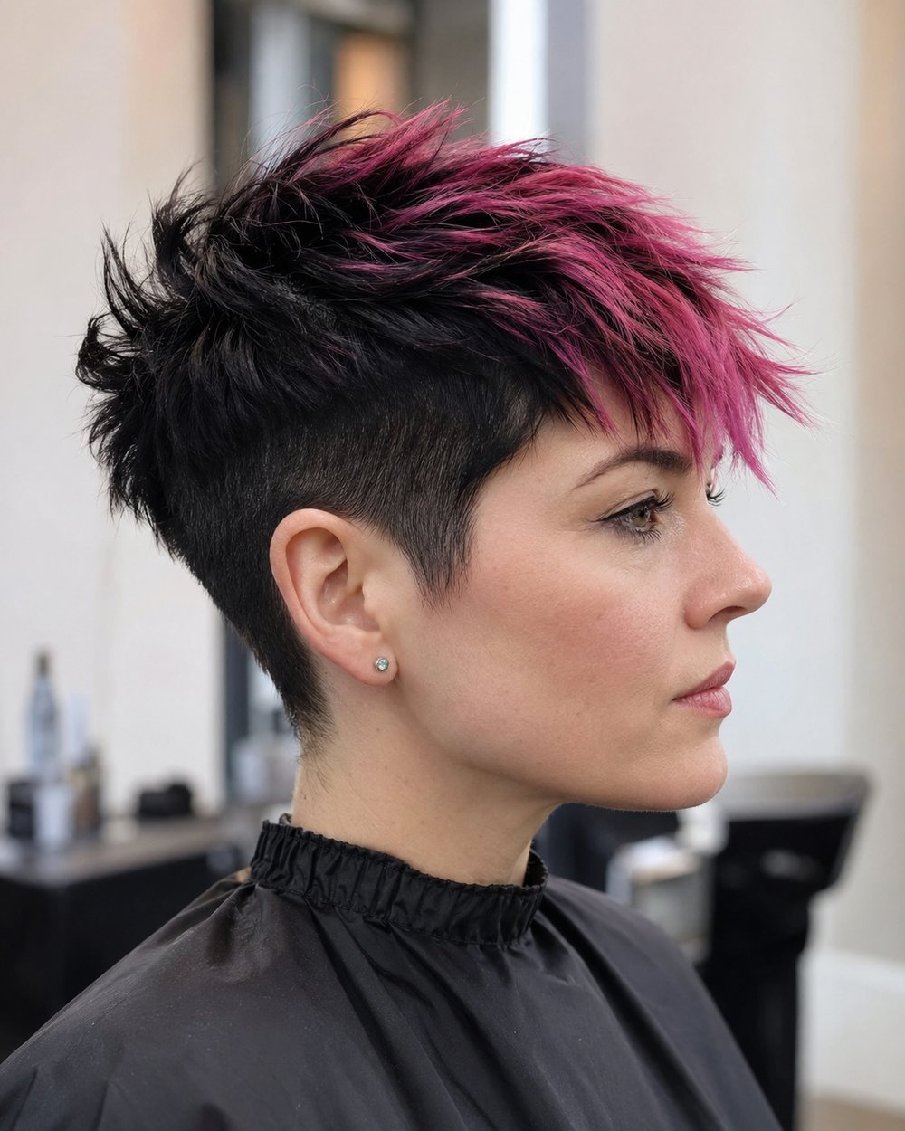 Short black pixie cut with vivid pink tips on the textured top