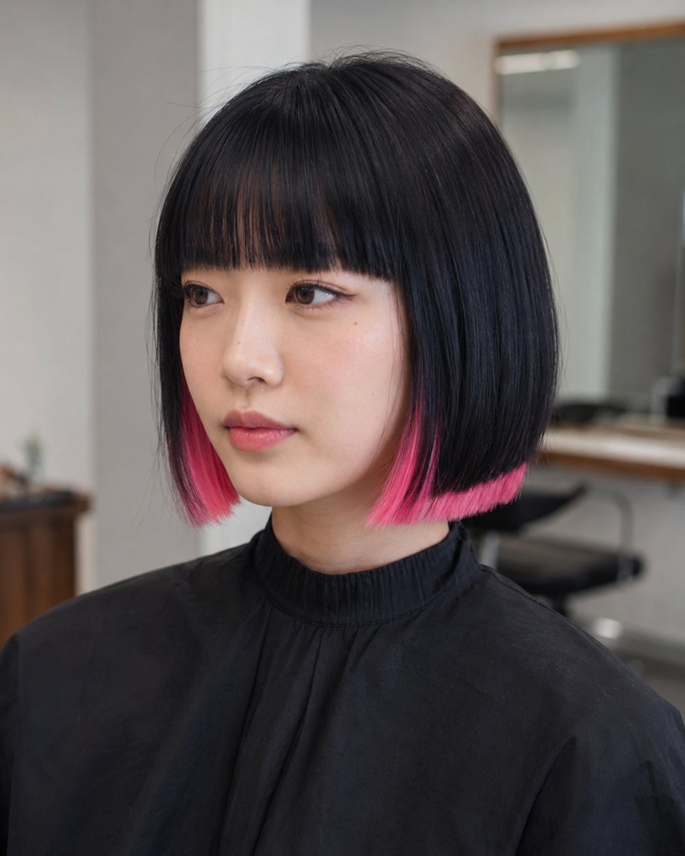 Sleek black bob with blunt bangs and crisp pink panels around the ends