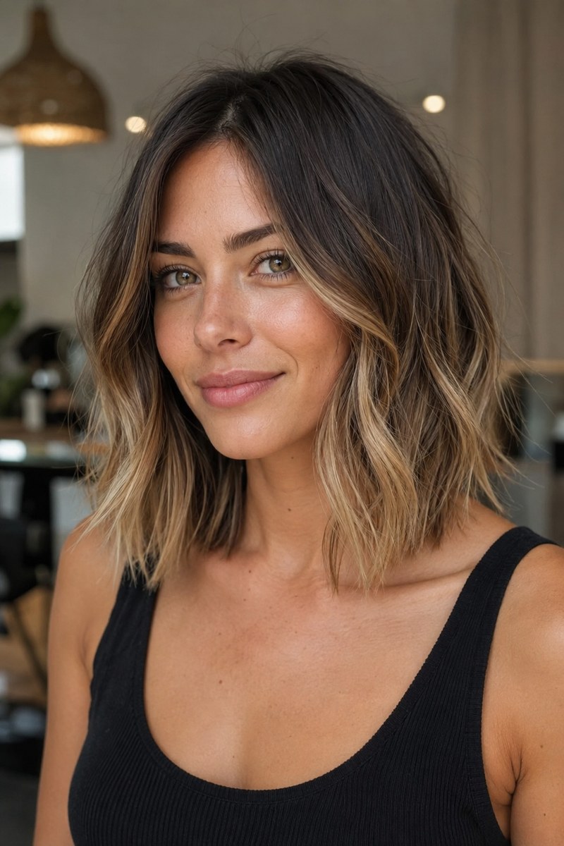 Softly rooted face-framing highlights on a collarbone-length lob