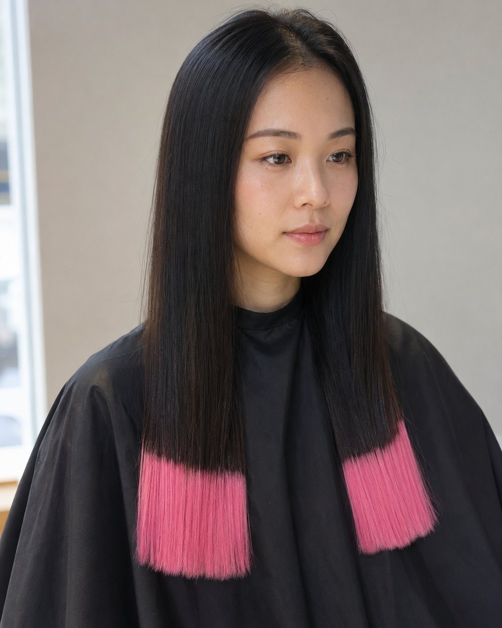 Straight black hair with sharp bubblegum-pink dip-dyed ends