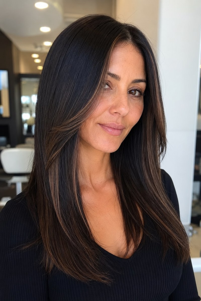 Straight espresso hair with subtle mocha face-framing highlights