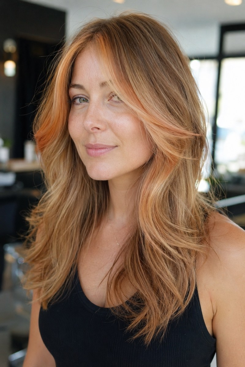 Strawberry-blonde front pieces with soft copper and gold tones