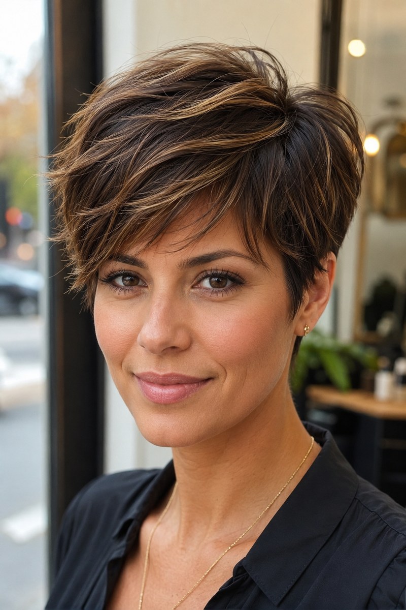 Subtle caramel face-framing highlights on a short pixie haircut