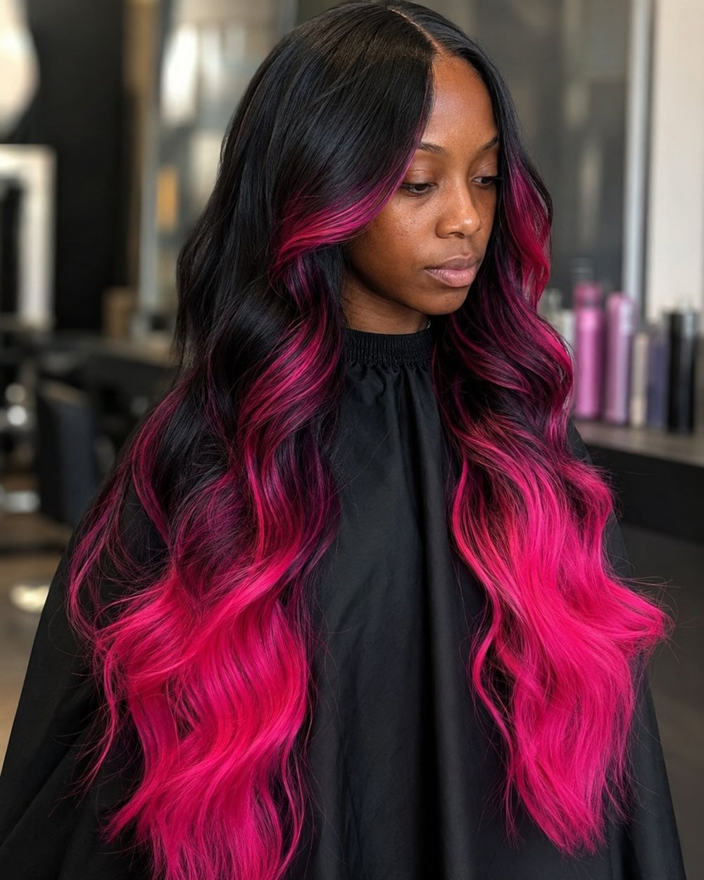 Very long black waves with magenta ribbons and luminous hot-pink ends
