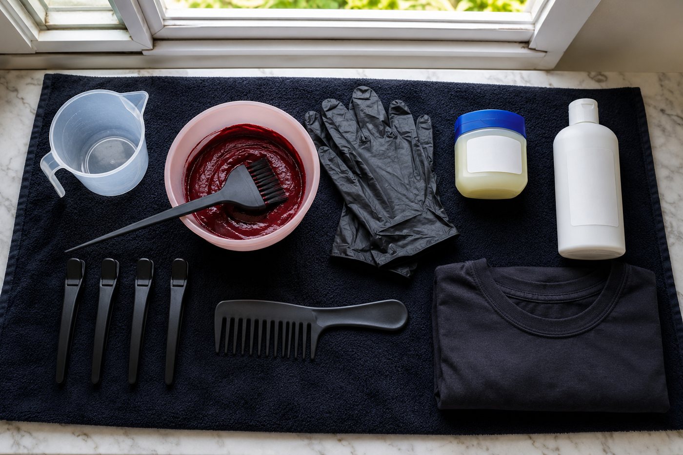 A protected, ventilated workspace with non-metal tools, gloves, clips, comb, barrier ointment, and conditioner.