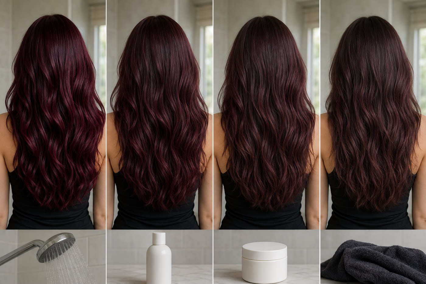 A realistic month-long fade from rich burgundy to a softer red-brown, with cool-water and conditioning cues.